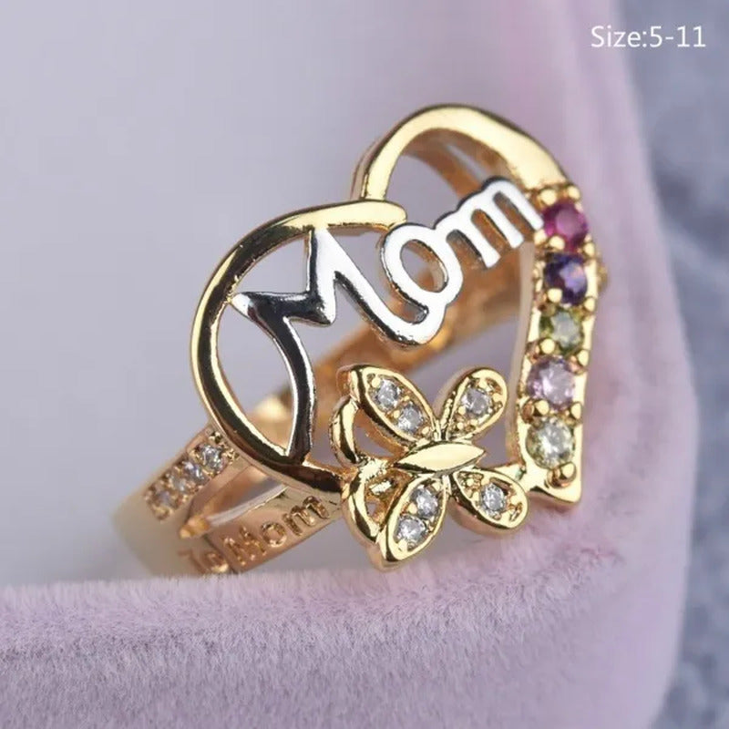 New Women Fashion Heart-Shaped Love Mum Ring Two Tone Gold Silver MOM Character