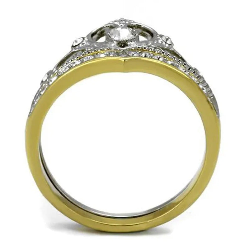 2 Tone Princess Royalty Crystal Crown Stainless Steel Wedding Ring Set Size 5-10