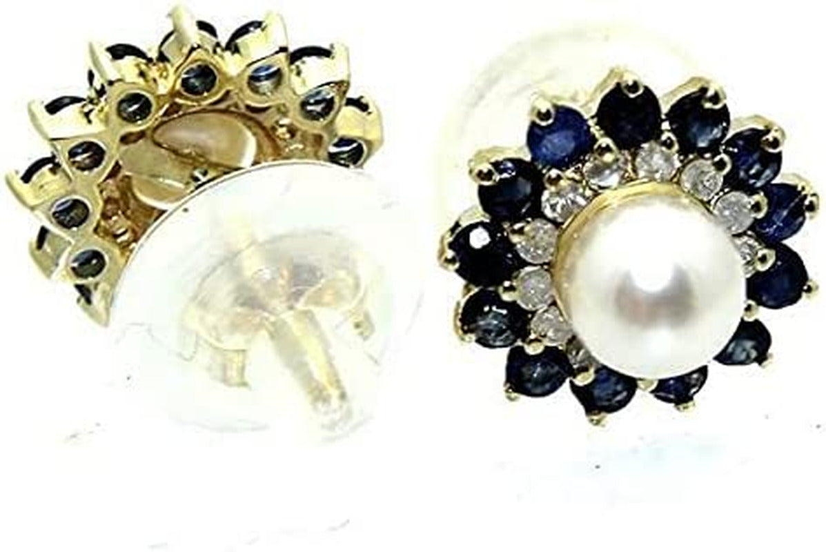 Vintage 14K Yellow Gold Plated 1.36Ct Sapphire Pearl Diamond Floral Stud Earring