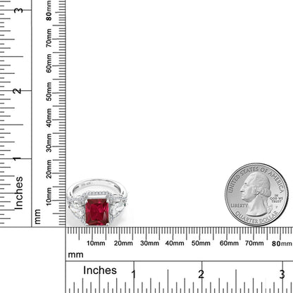 925 Sterling Silver Red Created Ruby Women'S Ring (4.59 Cttw, Emerald Cut 10X8MM