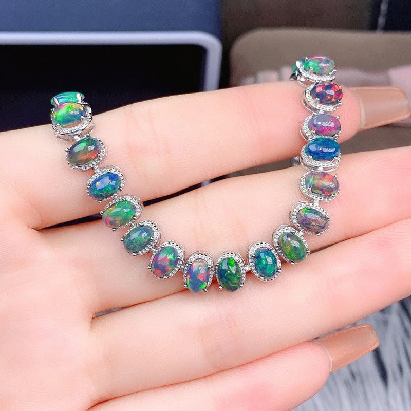 925 Sterling Silver Inlaid Natural Black Opal Bracelet Delicate Female Popular S