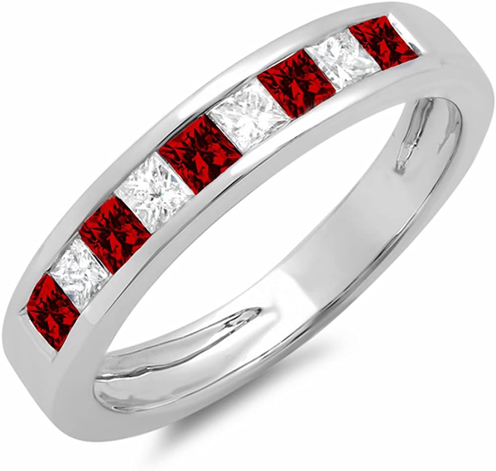 10K Gold Princess Cut Garnet & White Diamond Ladies Anniversary Wedding Band Sta