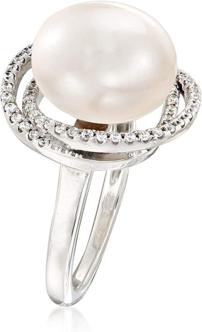 Italian 12Mm Cultured Pearl and .78 Ct. T.W. CZ Ring in Sterling Silver