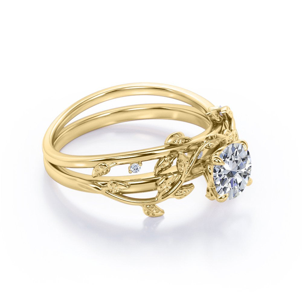 Half Carat round Real Diamond Bridal Set - Leaf and Vine Diamond Wedding Ring Se