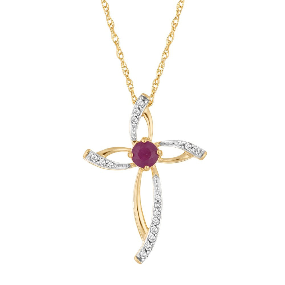 10K Gold Ruby & 1/10 Carat T.W. Diamond Cross Pendant Necklace