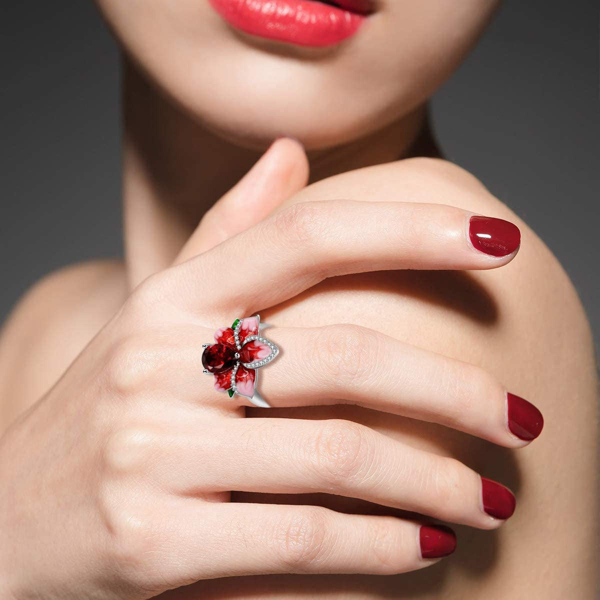 Girl'S Beautiful Red Enamel Rose Ring for Women Blossom Flower Rings with Pear C