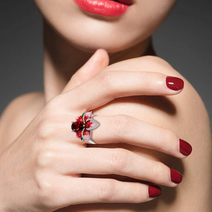 Girl'S Beautiful Red Enamel Rose Ring for Women Blossom Flower Rings with Pear C