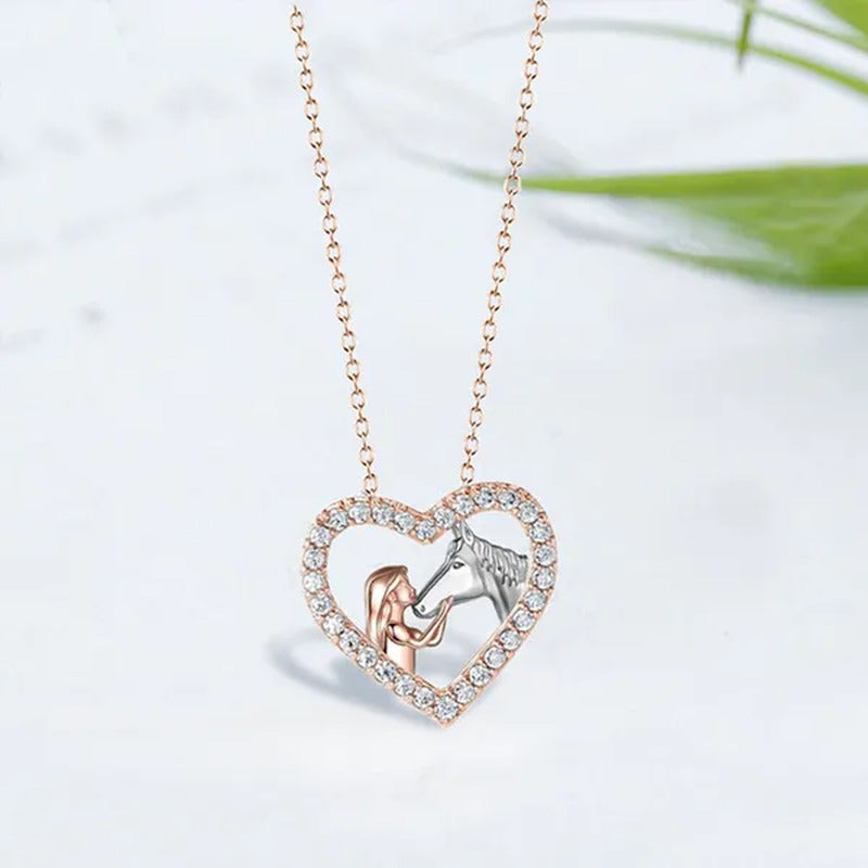 Girl and Horse Necklace for Women Girls Heart Diamond Pendant Necklace Horse Jew