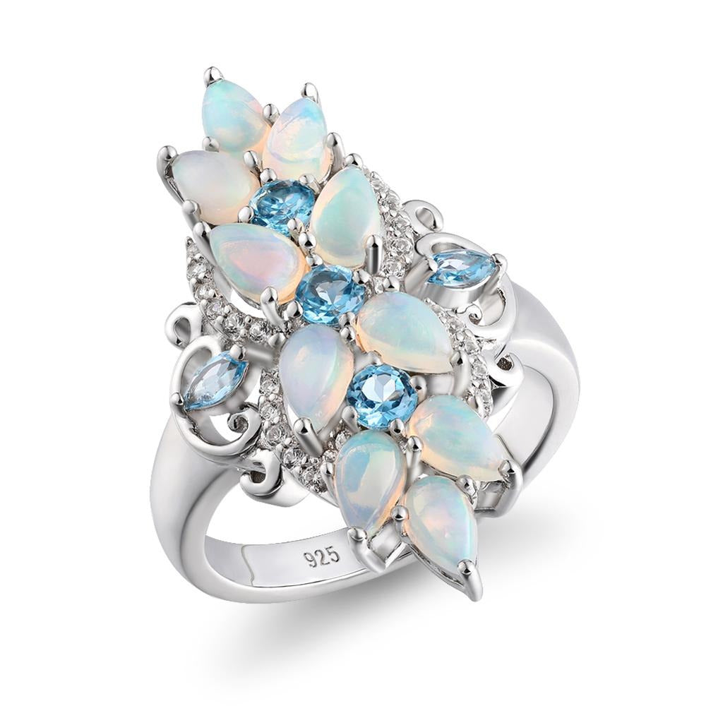 Original 925 Sterling Silver Rings for Women Natural Pear Opal Blue Topaz Gem