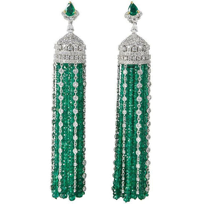 Emerald and Diamond 18 k white Gold Tassel Earrings