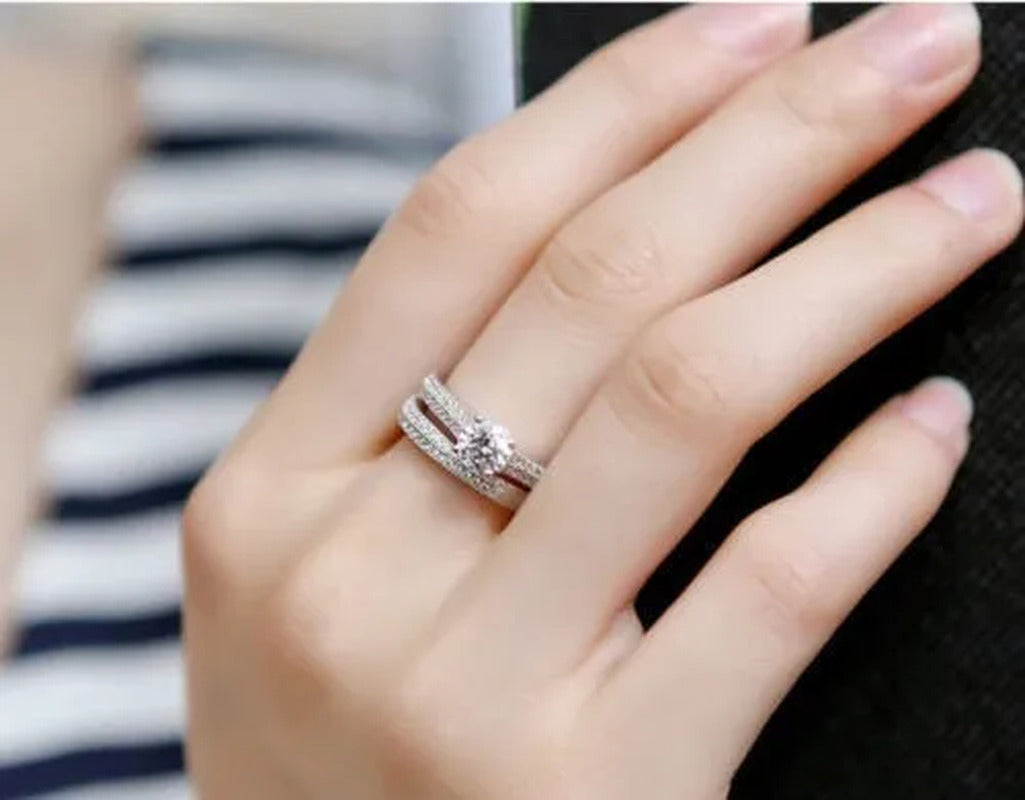 925 Silver Rose Gold round Cut CZ Wedding Band Engagement Rings Set Women Size 4
