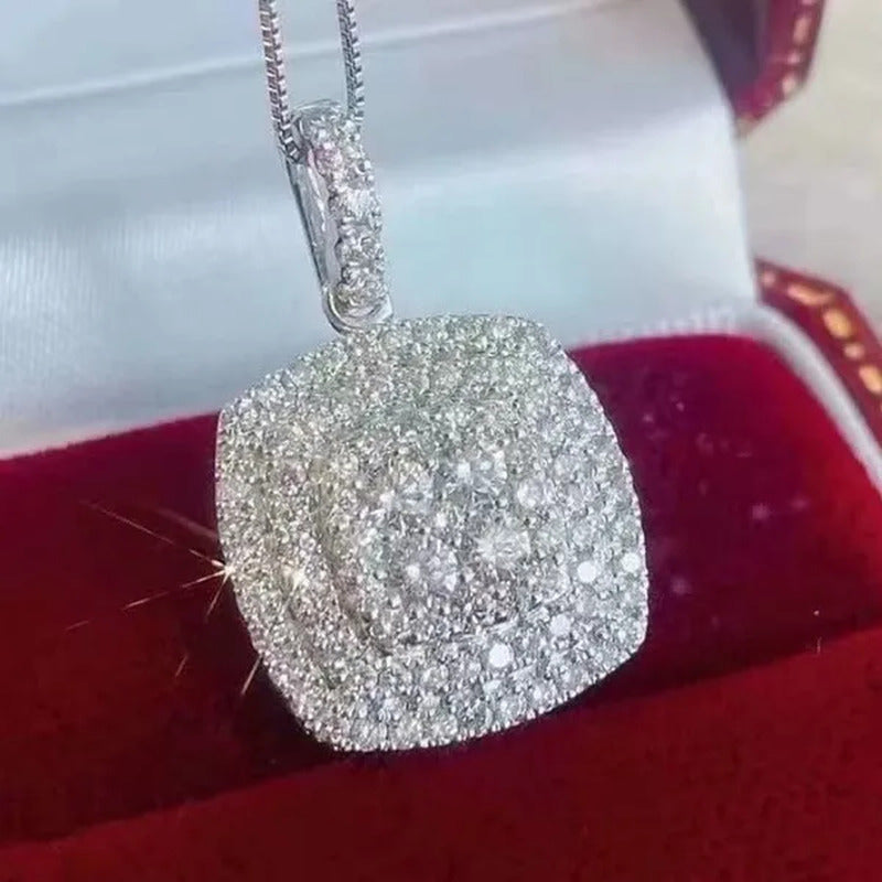 Delicate 925 Sterling Silver Pave Setting Diamond Square Pendant Necklace for Wo