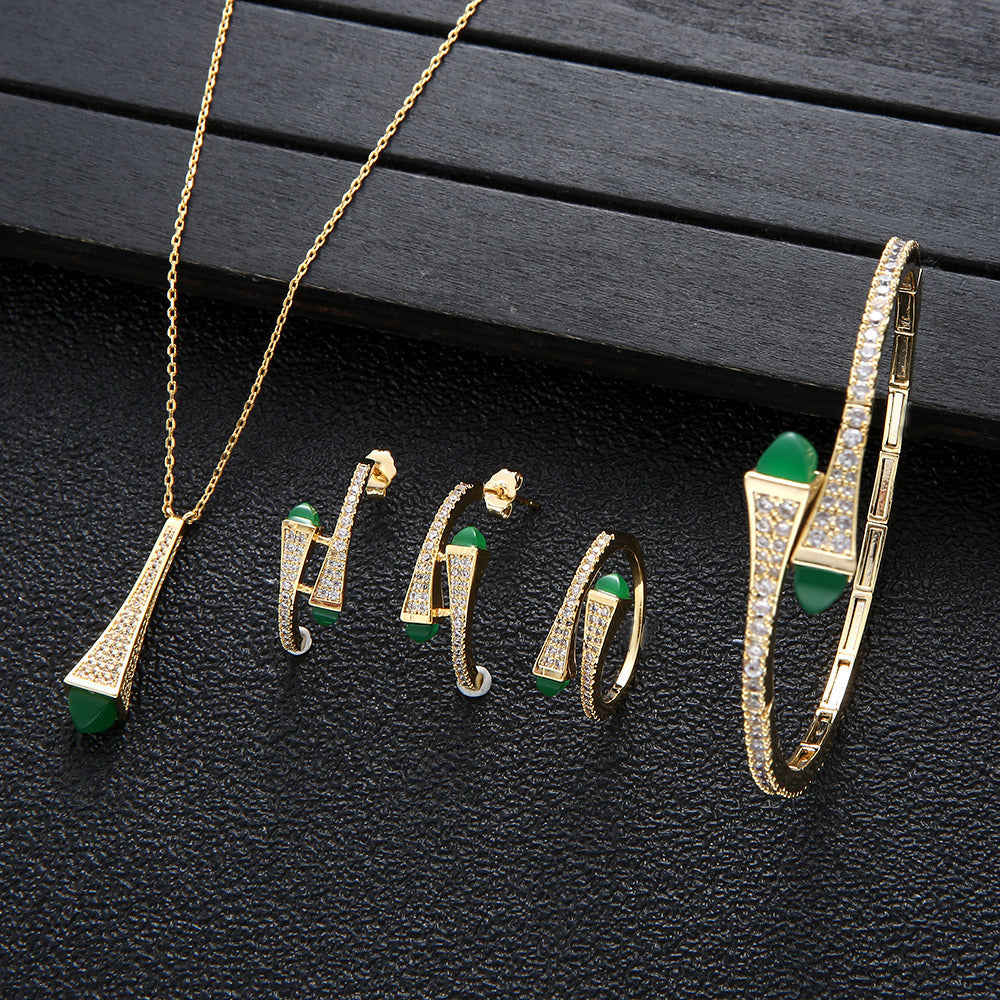 Vintage Turquoise Full Zirconium Necklace Earrings Ring Bracelet 4 Piece Set Wom