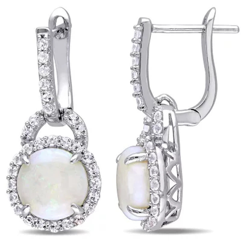Opal and White Topaz Hinged Hoop Halo Earrings in Sterling Silver