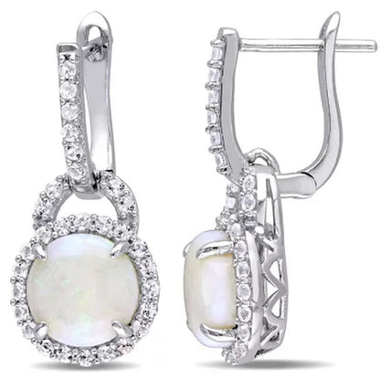 Opal and White Topaz Hinged Hoop Halo Earrings in Sterling Silver
