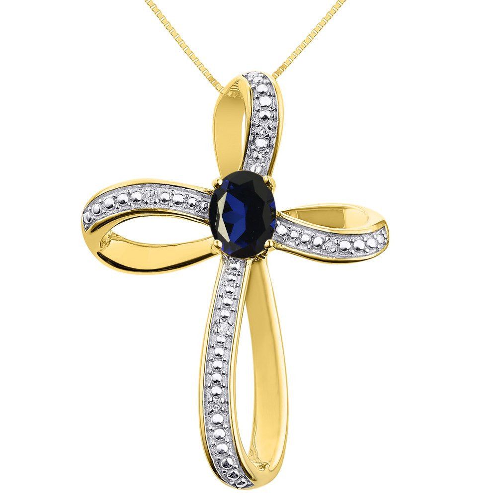 Diamond & Sapphire Cross Pendant Necklace Set in 14K Yellow Gold with 18" Chain