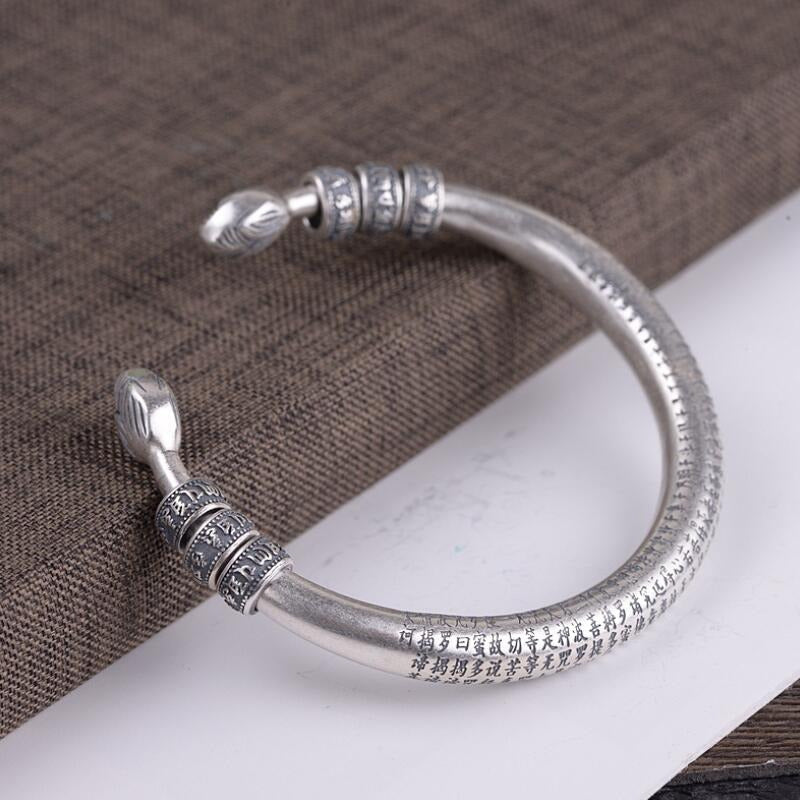 990 Sterling Silver Tibetan Six Words Mantra Bangle for Men and Women Buddhist H