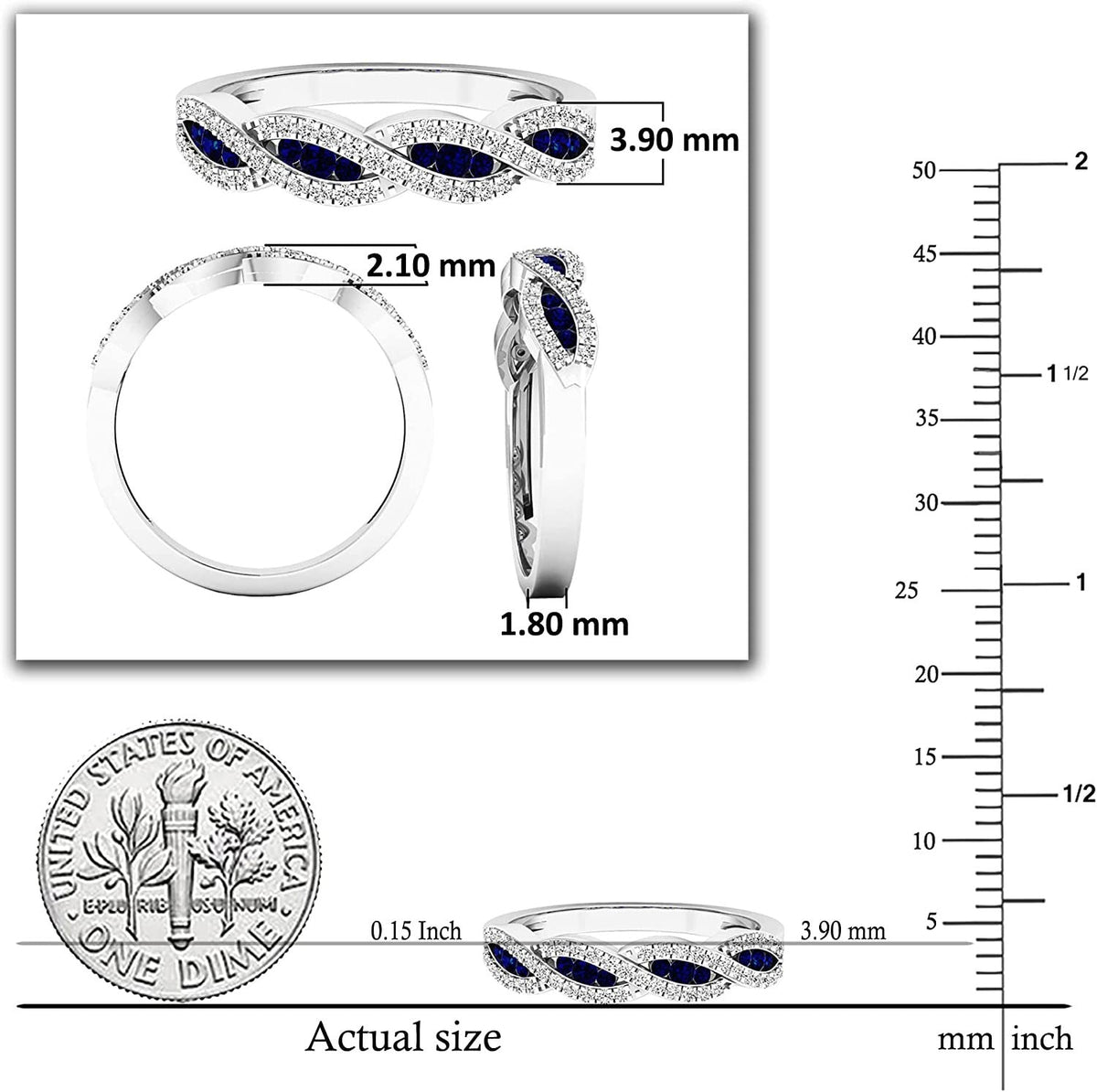 round Blue Sapphire & White Diamond Crisscross Stackable Wedding Band for Women