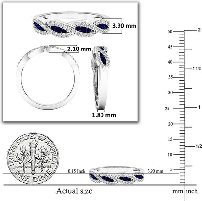 round Blue Sapphire & White Diamond Crisscross Stackable Wedding Band for Women