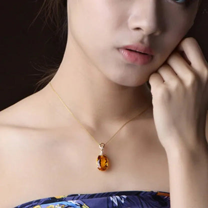 Simple Copper Plated 18K Golden Citrine Water Drop Pendant Necklace Oval Claw Se