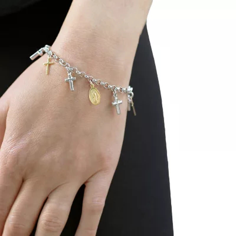 14K Gold and Sterling Silver Multi Religious Charm Bracelet, 7.5"