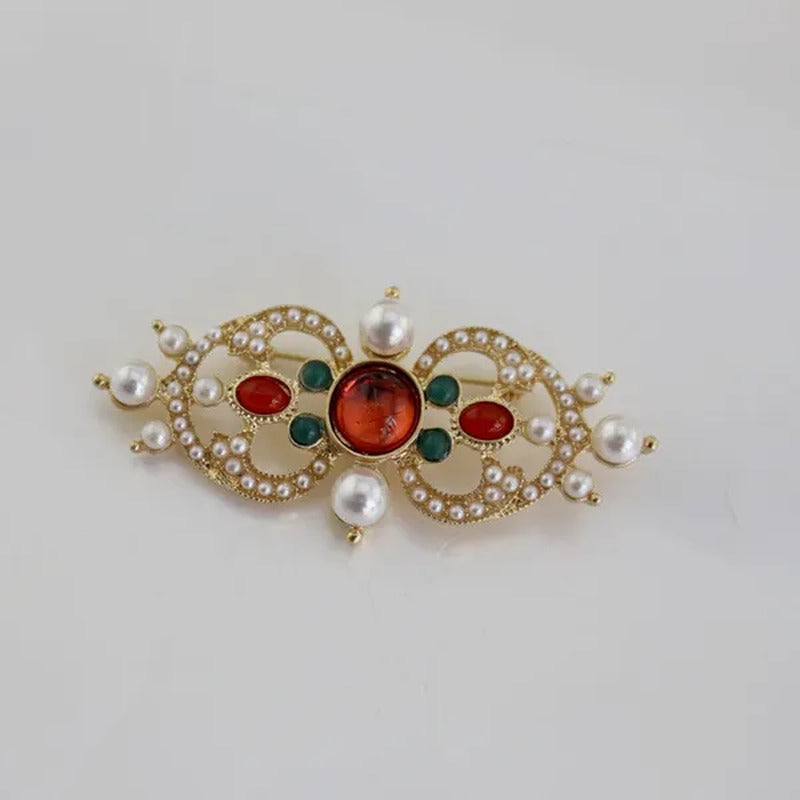 Antique Roman Engraved Baroque Byzantine Style Pearl Ruby Retro Brooches for Cor