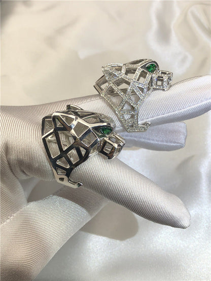 Silver Ring with Diamond-Free Gold and Green Eyes and Emeralds