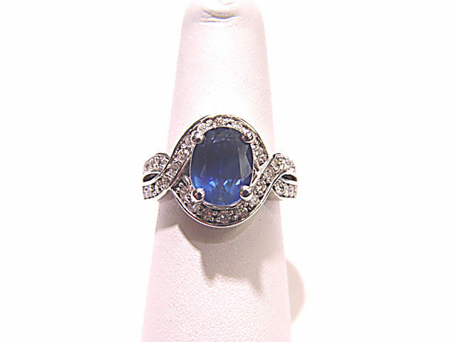 3.44 CT 1 OVAL SAPPHIRE SET WITH ROUND DIAMONDS SWIRL RING 14 K WHITE GOLD RING