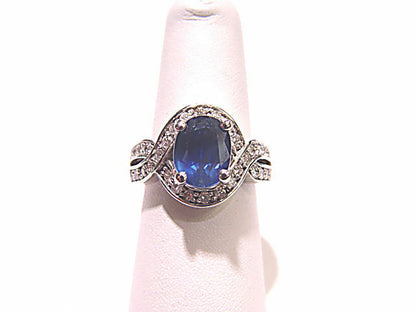 3.44 CT 1 OVAL SAPPHIRE SET WITH ROUND DIAMONDS SWIRL RING 14 K WHITE GOLD RING