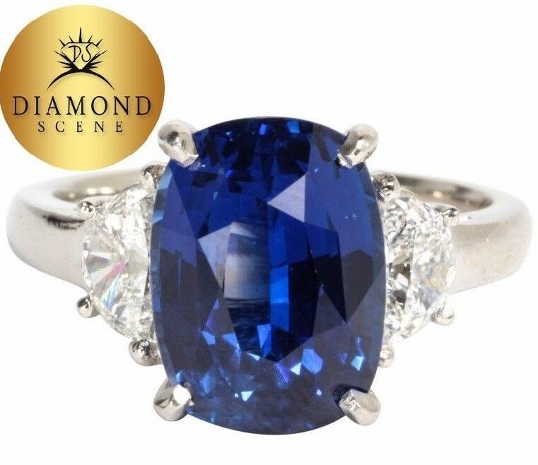 Natural No Heat Sapphire cushion 6.16 ct and Diamond .66 ct half moon Ring