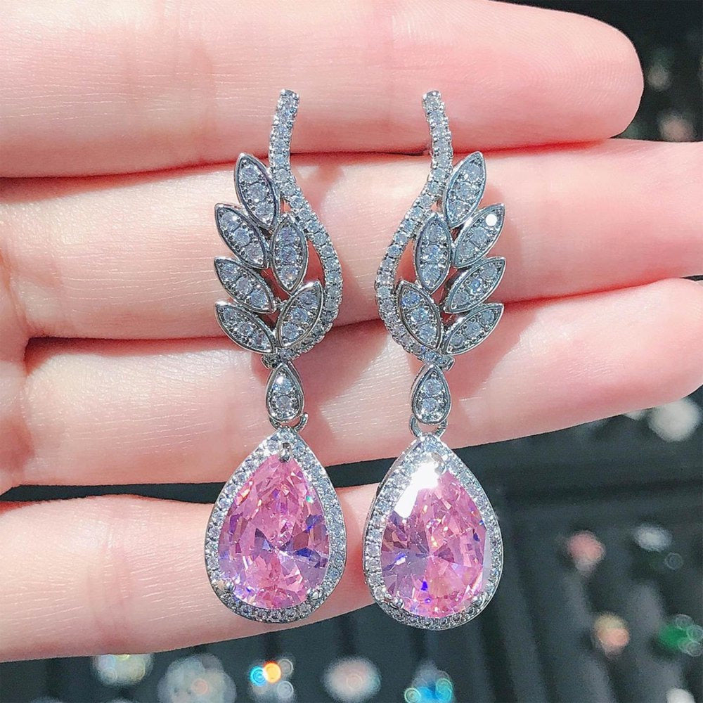 Gold Plated Jewelry Earrings Inlaid with Water Droplets Pink Diamond Earrings Fe