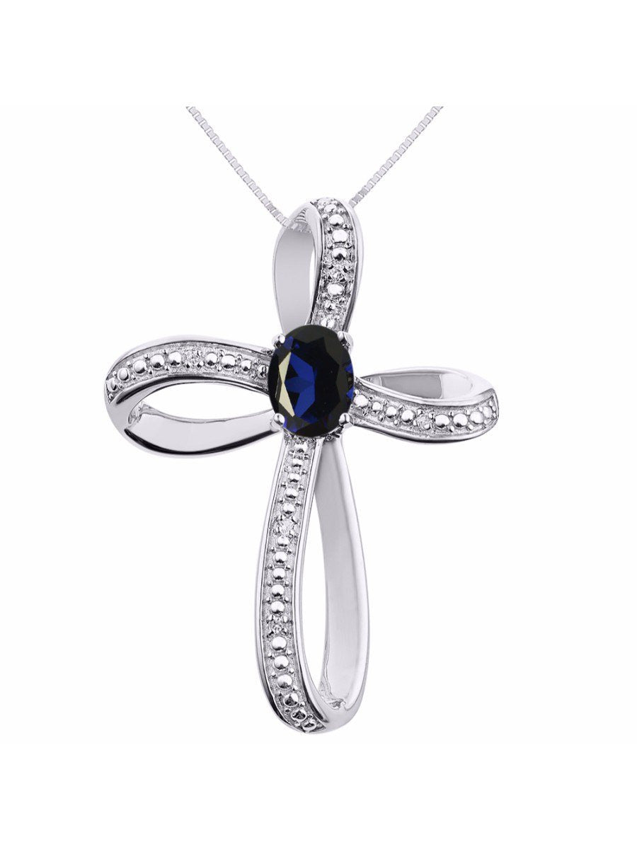 Diamond & Sapphire Cross Pendant Necklace Set in Set in 14K White Gold with 18"