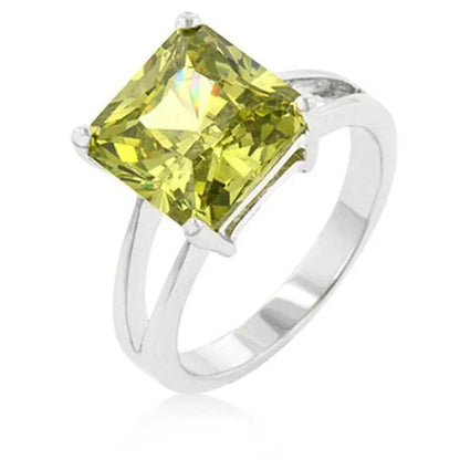 Princess Cut Peridot Crystal Solitaire Ring in Rhodium. - Size 7