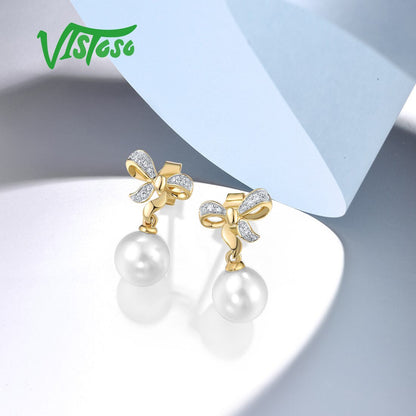 9K 375 Yellow Gold Earrings for Women Fresh Water White Pearl Diamond Earrings