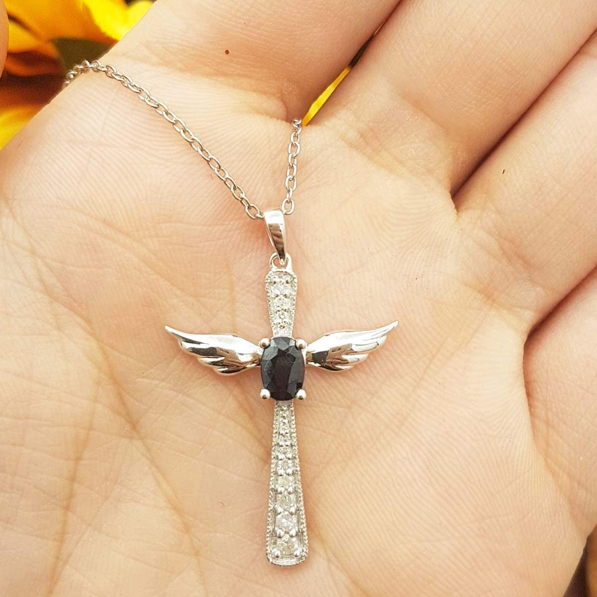 6X4 MM Oval Gemstone & round Diamond Angel Cross Pendant (Silver Chain Included)