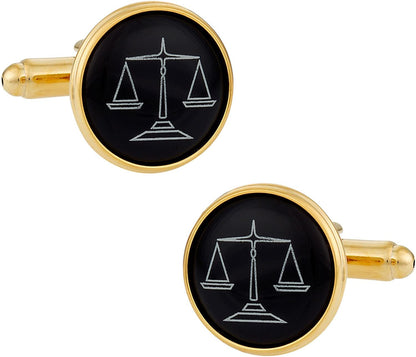Attorney Lawyer Cufflinks Scales of Justice Black Gold with Presentation Box Sto