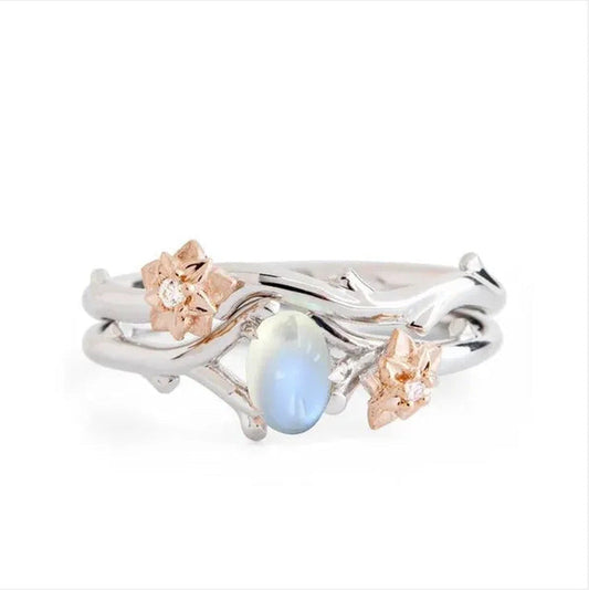 Delicate Women'S Fashion Two Tone Twig and Rose Gold Flowers Moonstone Ring Set