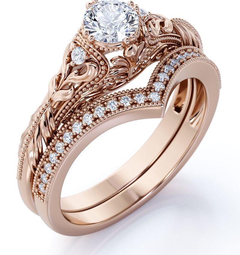 Engraved .68 Carat round Cut Real Diamond Victorian-Inspired Wedding Ring Set wi