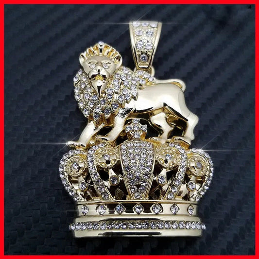 Full Iced Hip Hop Rapper'S Lion King Crown Pendant W/ 5Mm 30" Rope Chain Necklac