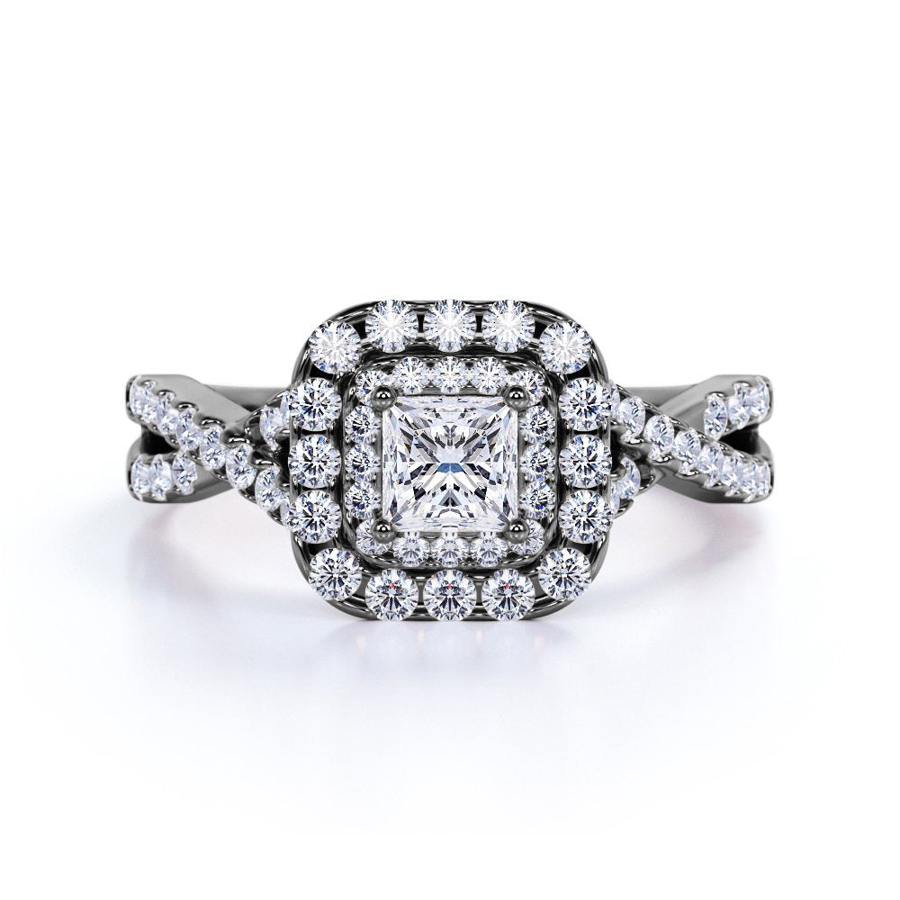 Elegant 1 Carat - Square Cut Diamond - Twisted Band - Pave - Double Halo Gothic
