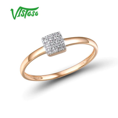 Pure 14K 585 Rose White Gold Sparkling Diamond Delicate Square Ring for Women