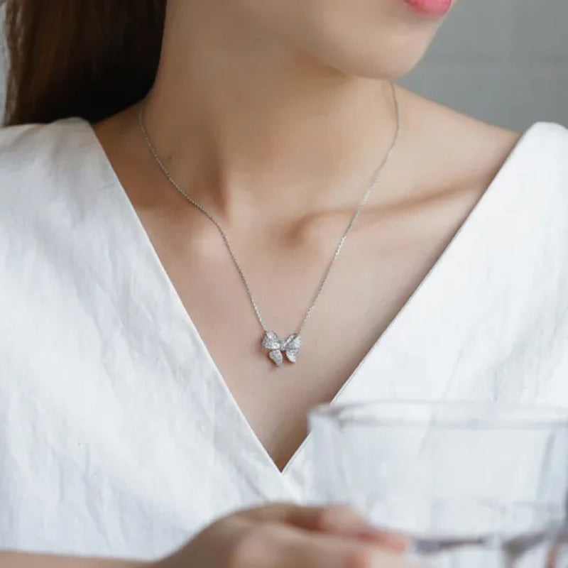 New Fashion Elegant 925 Sterling Silver Bow Knot Diamond Pendant Neckalce Engage