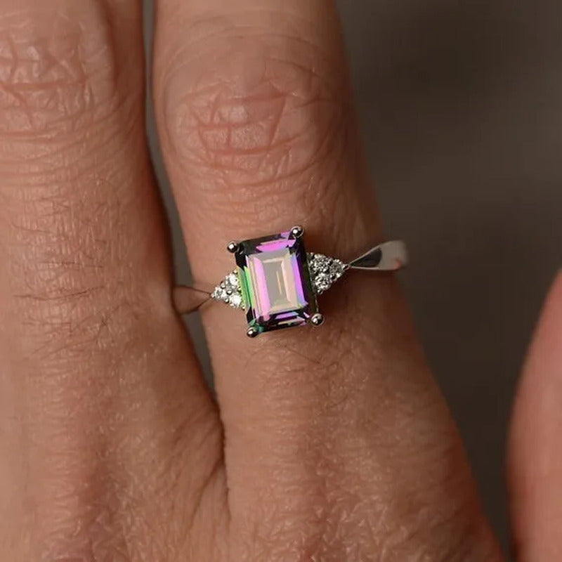 Exquisite Women'S 925 Sterling Silver Ring Princess Cut Mystic Rainbow Topaz Eng