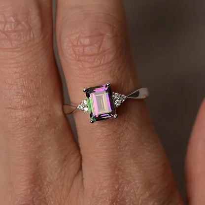 Exquisite Women'S 925 Sterling Silver Ring Princess Cut Mystic Rainbow Topaz Eng