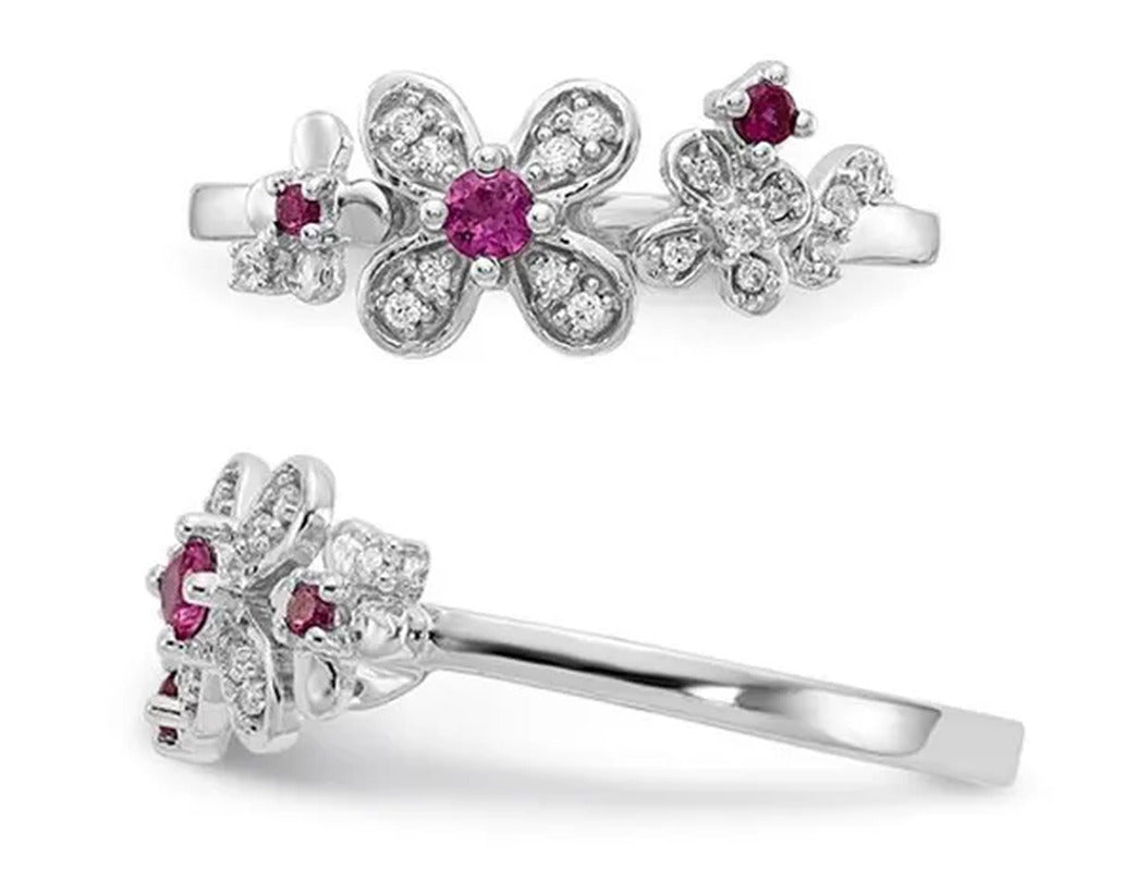 1/8 Carat (Ctw) Natural Ruby Flower Ring in 14K White Gold with Diamonds