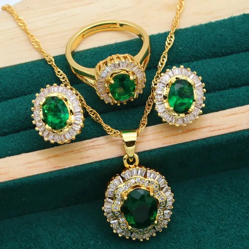 New Arrivals Gold Color Jewelry Sets for Women Wedding Green Zircon Bracelet Ear
