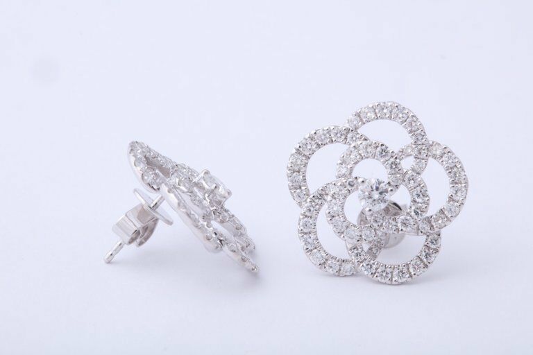 Diamond Camelia 1.95 ct Diamond White Gold Flower Earrings