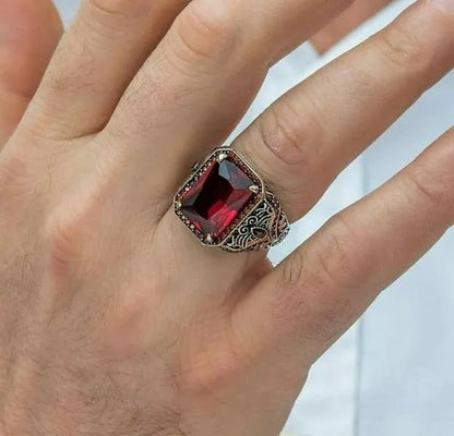 Luxury Men'S Fashion Jewelry Vintage 925 Sterling Silver Square Cut Natural Red