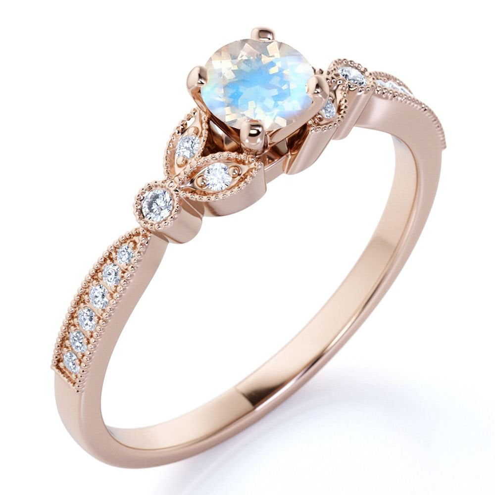 1.25 Ct - round Real Rainbow Moonstone Ring - June Birthstone - Vintage Engageme