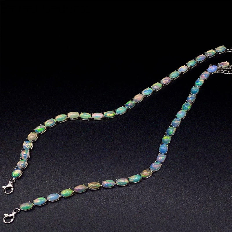 925 Sterling Silver Natural Opal Simple Bracelet Colorful Stone Bracelet Women'S